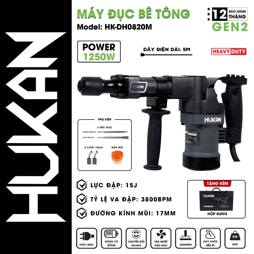 Máy đục bê tông Hukan HK-DH0820M (Gen 2) Công suất: 1250W, Lực đập: 15J, Mũi 17mm, Tặng 2 mũi đục +mỡ, Máy chuyên đục