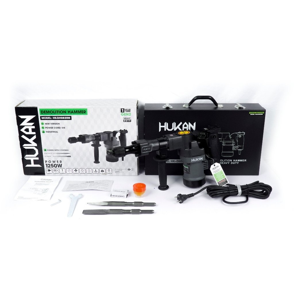 Máy đục bê tông Hukan HK-DH0820M (Gen 2) Công suất: 1250W, Lực đập: 15J, Mũi 17mm, Tặng 2 mũi đục +mỡ, Máy chuyên đục