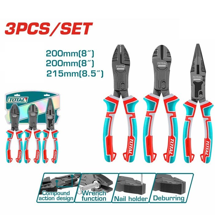 Bộ 3 Kìm Trợ Lực 65% Cao Cấp TOTAL THT2CK231S Gồm Kìm Răng 8 inch, Cắt 8 inch và Kìm nhọn 8.5 inch đa năng - Thinksafe