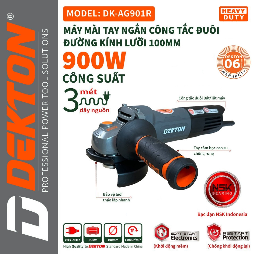 Máy mài cầm tay DEKTON DK-AG901R, Công suất 900w, Công tắc đuôi, lõi dây đồng - Thinksafe