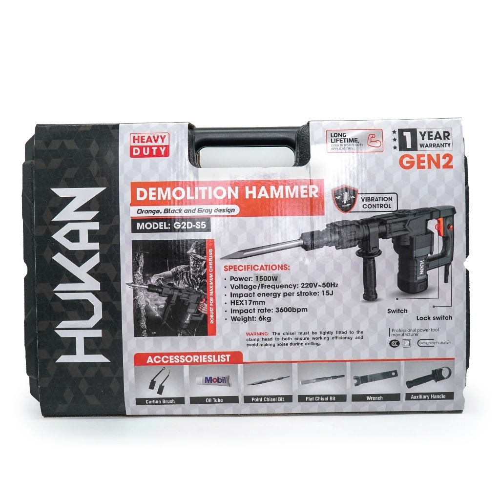 Máy đục bê tông Hukan G2D-S5 (GEN 2), Công suất: 1500W, Giảm chấn rung, Lực đập: 15J, Máy chuyên đục - Thinksafe