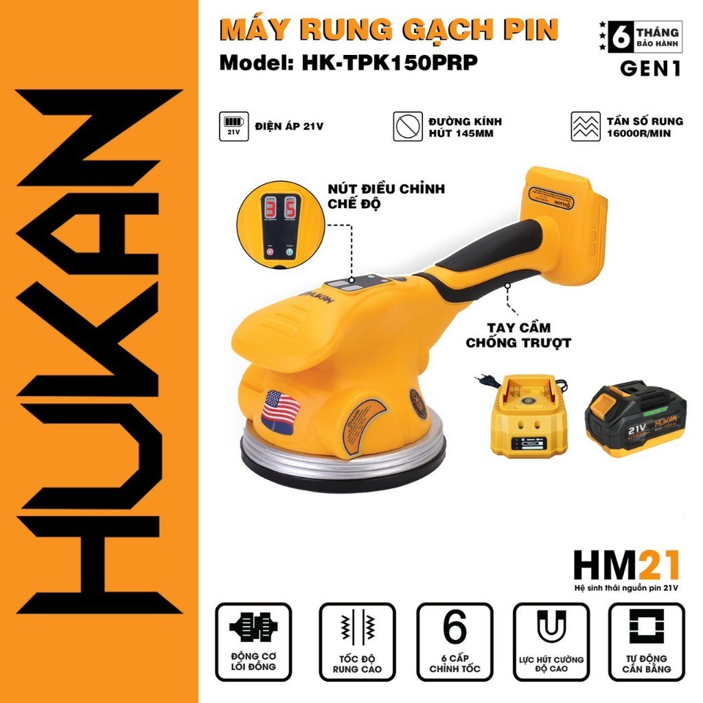 Máy rung ốp lát gạch Hukan HK-TPK150PRP, 6 Cấp Rung, Điều khiển bằng phím bấm, Trọng lượng hút 150kg