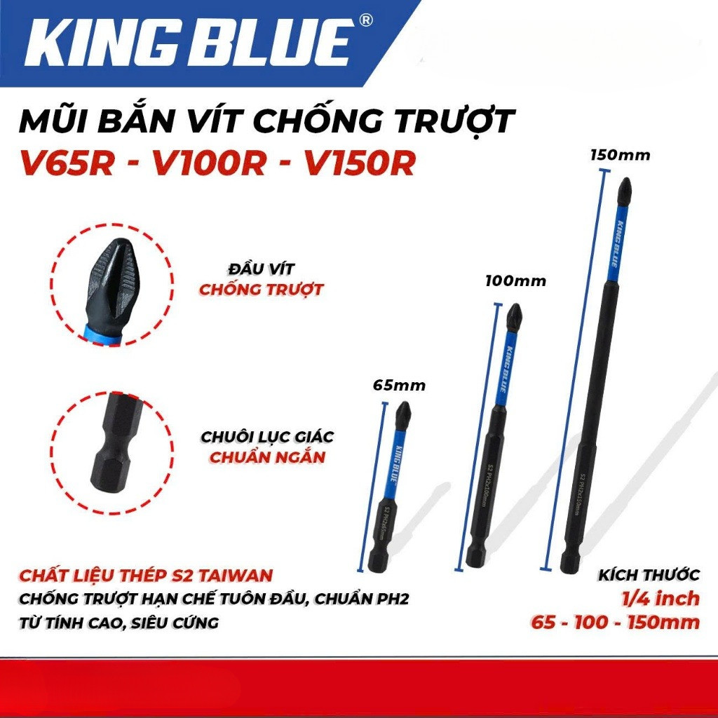 Bộ 2 Mũi bắn vít chống trượt KingBlue V65R/ V100R/ V150R thép S2 Chống trượt hạn chế tối đa tuôn đầu, từ tính cao