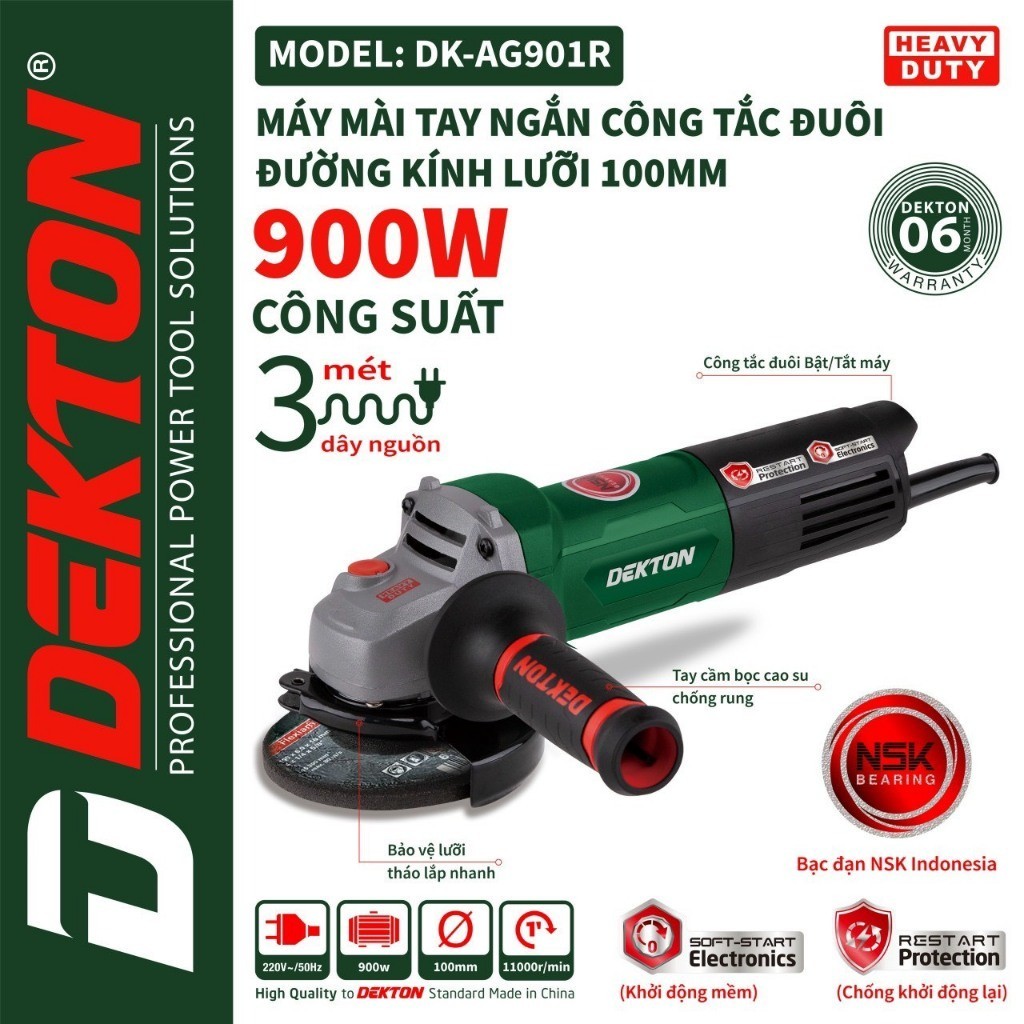 Máy mài cầm tay DEKTON DK-AG901R, Công suất 900w, Công tắc đuôi, lõi dây đồng - Thinksafe