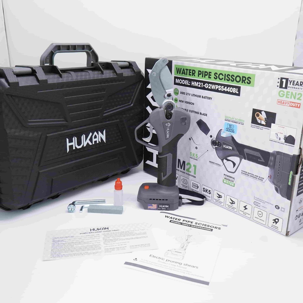 Kéo cắt ống nhựa pin Hukan HM21-G2WPS5440BL, Đường kính cắt 40mm Không chổi than, Chưa pin & sạc, Máy cắt ống nước