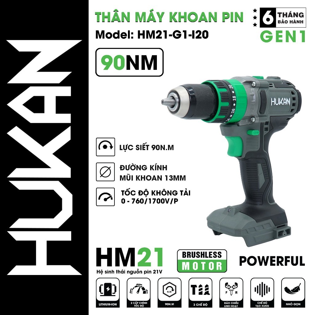 Khoan Pin HUKAN HM21-G1-I20 Lực Siết 90N.m - 3 chức năng có chức năng - Động cơ không chổi than