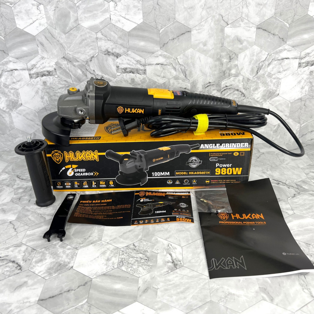 Máy mài góc HUKAN HK-AG5601H công suất 980W,  công tắc bụng, đĩa mài 100mm, tốc độ 12000v/p, Máy cắt cầm tay - Thinksafe