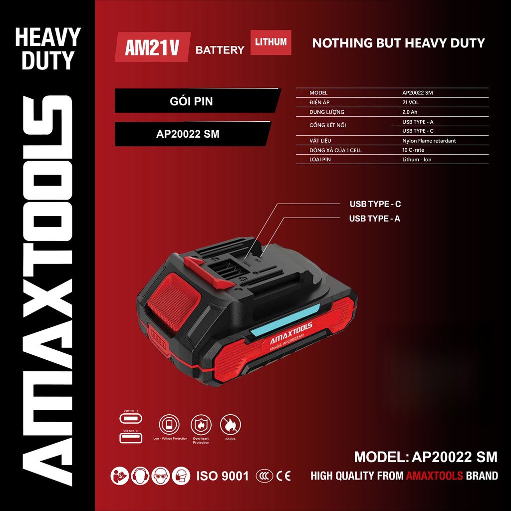 Pin 21V dòng xả cao AMAXTOOLS AP20022SM/AP40042SM dung lượng 2AH - 4AH Tích hợp 2 cổng sạc ra USB & Type C