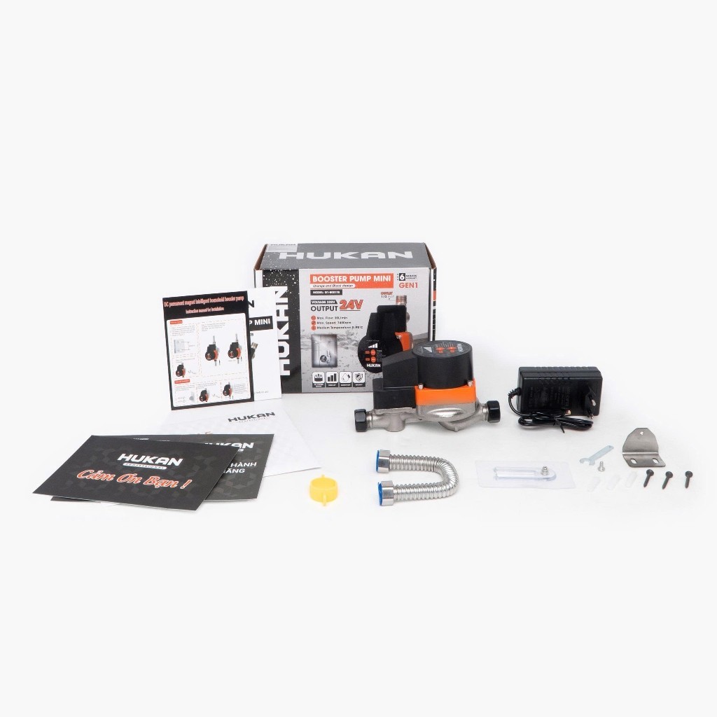 Máy bơm tăng áp mini HUKAN G1-B001TB, Công suất 80W đầu ra 21mm nhiều phụ kiện dùng cho 1 thiết bị máy giặt, vòi sen