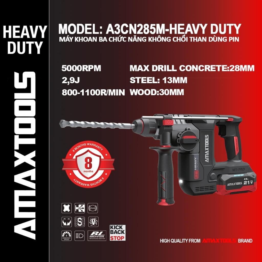 Máy khoan bê tông AMAXTOOLS A3CN285M Heavy duty động cơ không chổi than, pin M21, Antikichback