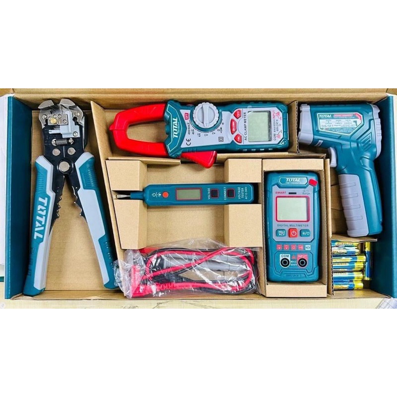 Bộ 5 dụng cụ kiểm tra điện Total TOS23026 gồm kìm tuốt dây điện, bút thử điện, ampe kìm, đồng hồ vạn năng, nhiệt kế