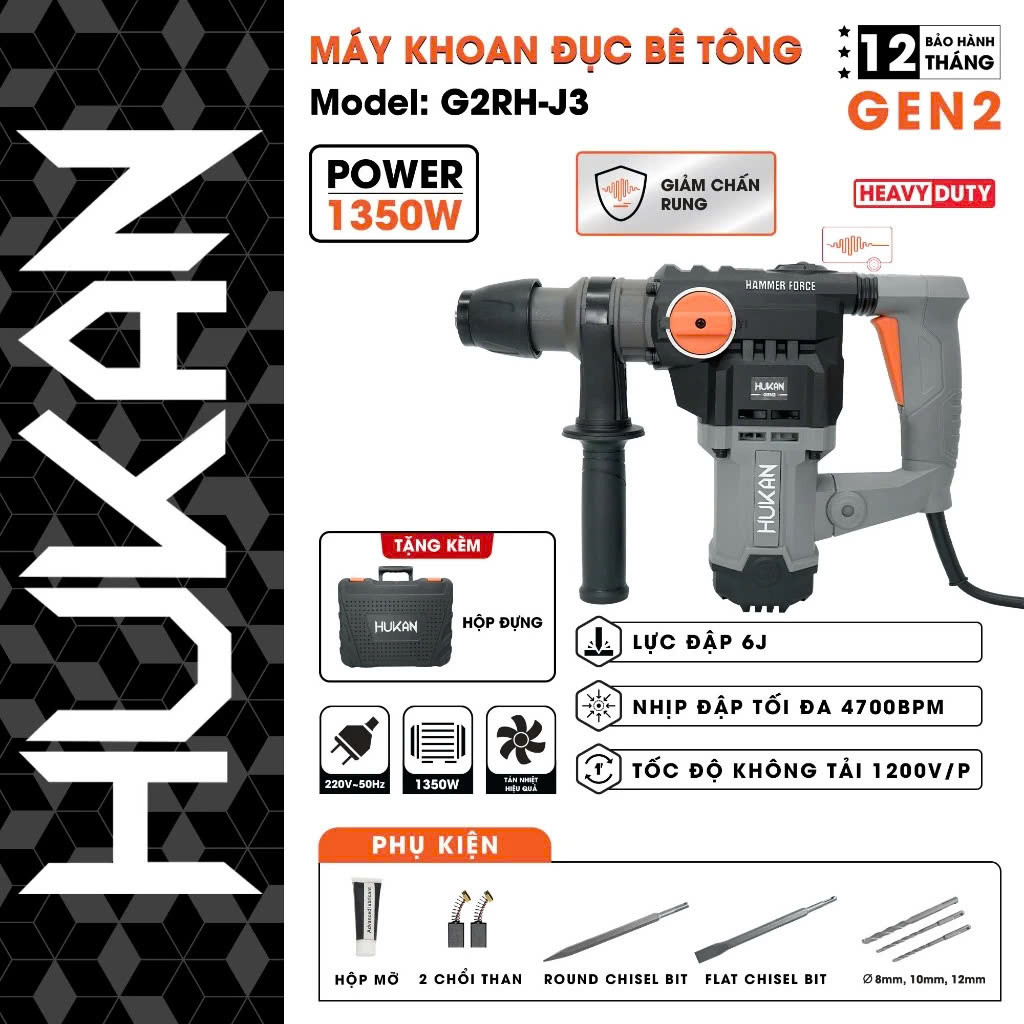 Máy khoan đục bê tông 2 chức năng Hukan G2RH-J3 (GEN 2) Công suất 1350W, Giảm chấn rung, Mũi 28mm, Tặng 5 mũi