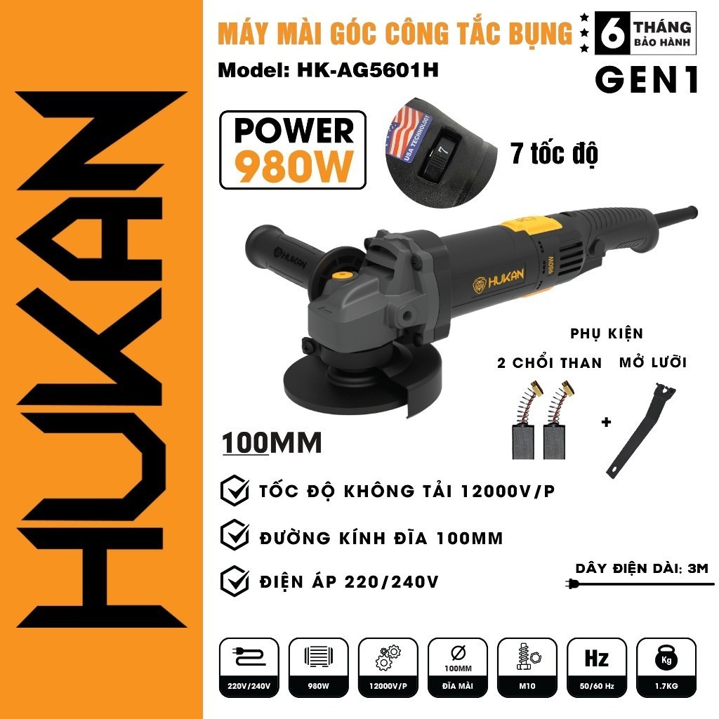 Máy mài góc HUKAN HK-AG5601H công suất 980W,  công tắc bụng, đĩa mài 100mm, tốc độ 12000v/p, Máy cắt cầm tay - Thinksafe