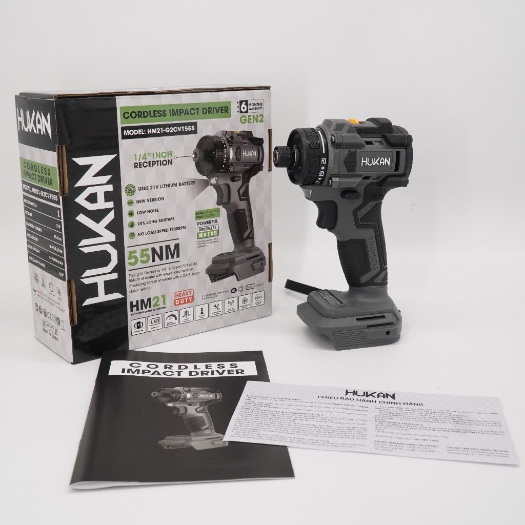 Thân máy chuyên vít HUKAN HM21-G2CVT555, Lực siết 55N.m, 21 cấp trượt, Tốc độ 1700v/p, Chưa kèm pin sạc - Thinksafe