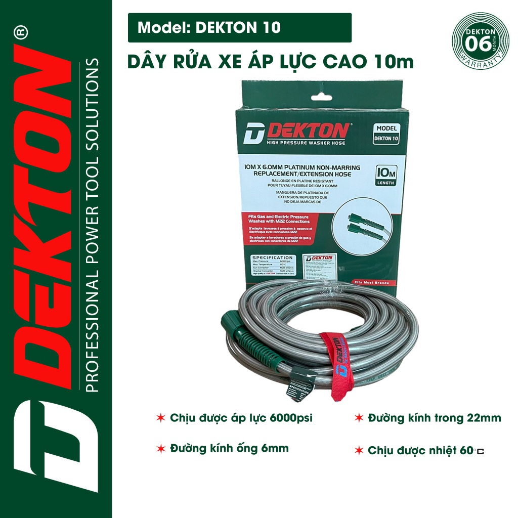 Dây rửa xe áp lực cao 22mm DEKTON 10m, 15m, 20m hàng chính hãng, dây xịn của hãng.