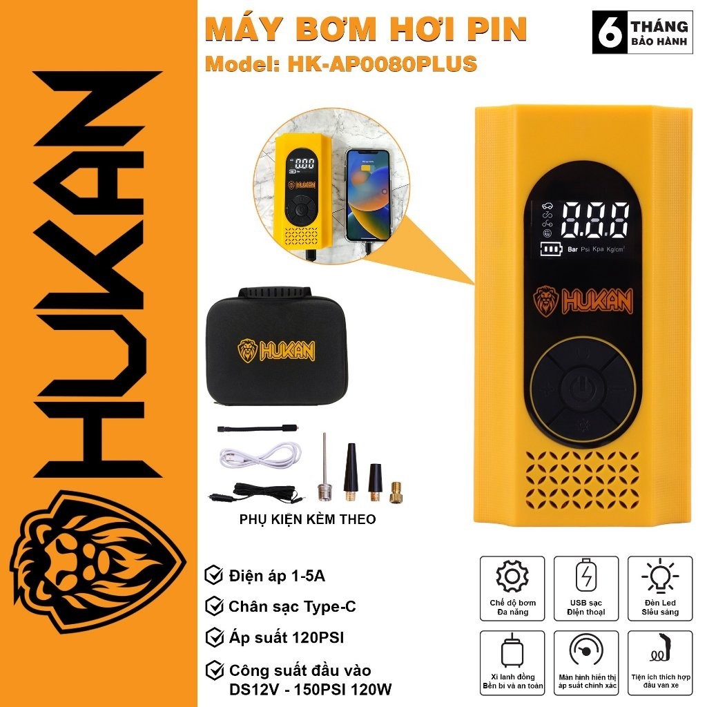 Máy bơm hơi pin mini Hukan HK-AP0080PLUS áp suất 120psi, bơm lốp xe đạp, xe máy, ô tô, bóng đá - Thinksafe