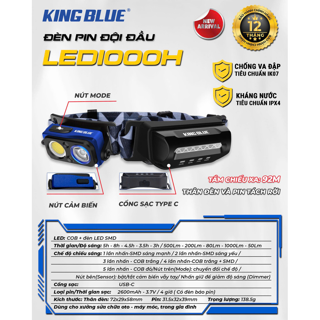 Đèn pin đội đầu KingBlue LED1000H có nút cảm biến 5 chế độ chiếu sáng, đèn pin siêu sáng bảo hành 12 tháng