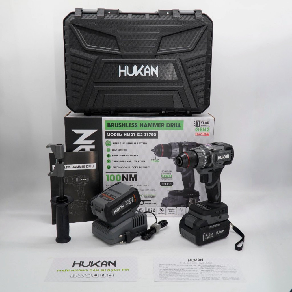 Máy khoan pin 3 chức năng HUKAN HM21-G2-Z1700, Lực siết 100Nm, Rút lõi, Có ANTI-KICKBACK, Tạo Xung, Đầu kẹp 13mm