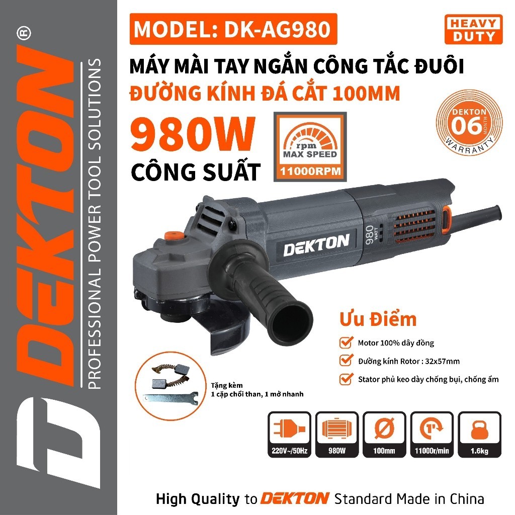 Máy mài cầm tay DEKTON DK-AG980, Công suất 980W, Công tắc đuôi, lõi đồng 100% rất mạnh, đá 100mm