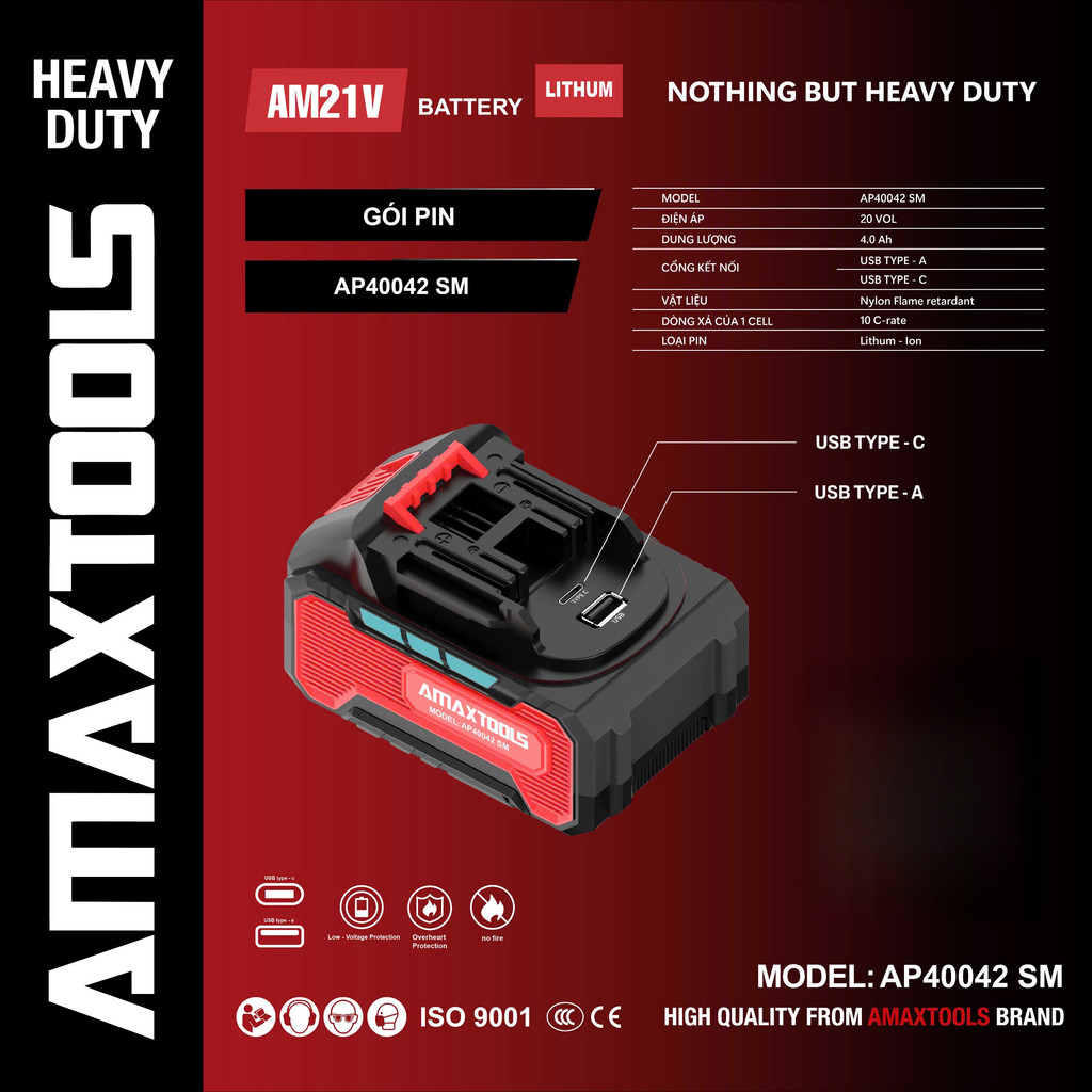 Pin 21V dòng xả cao AMAXTOOLS AP20022SM/AP40042SM dung lượng 2AH - 4AH Tích hợp 2 cổng sạc ra USB & Type C