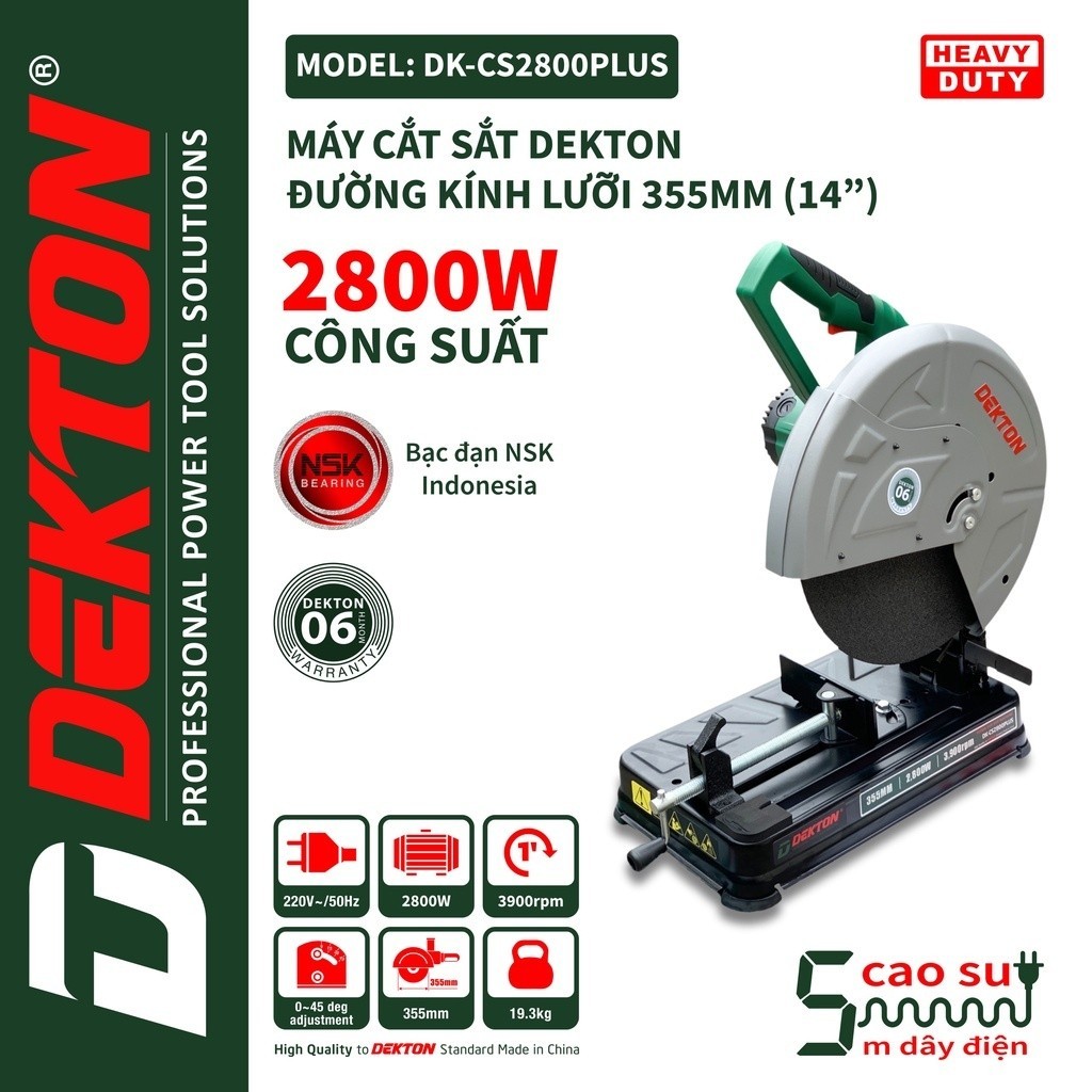 Máy cắt sắt bàn DEKTON DK-CS2800PLUS, Dùng bạc đạn NSK Indonesia, Công suất 2800w, Đường kính đĩa 355