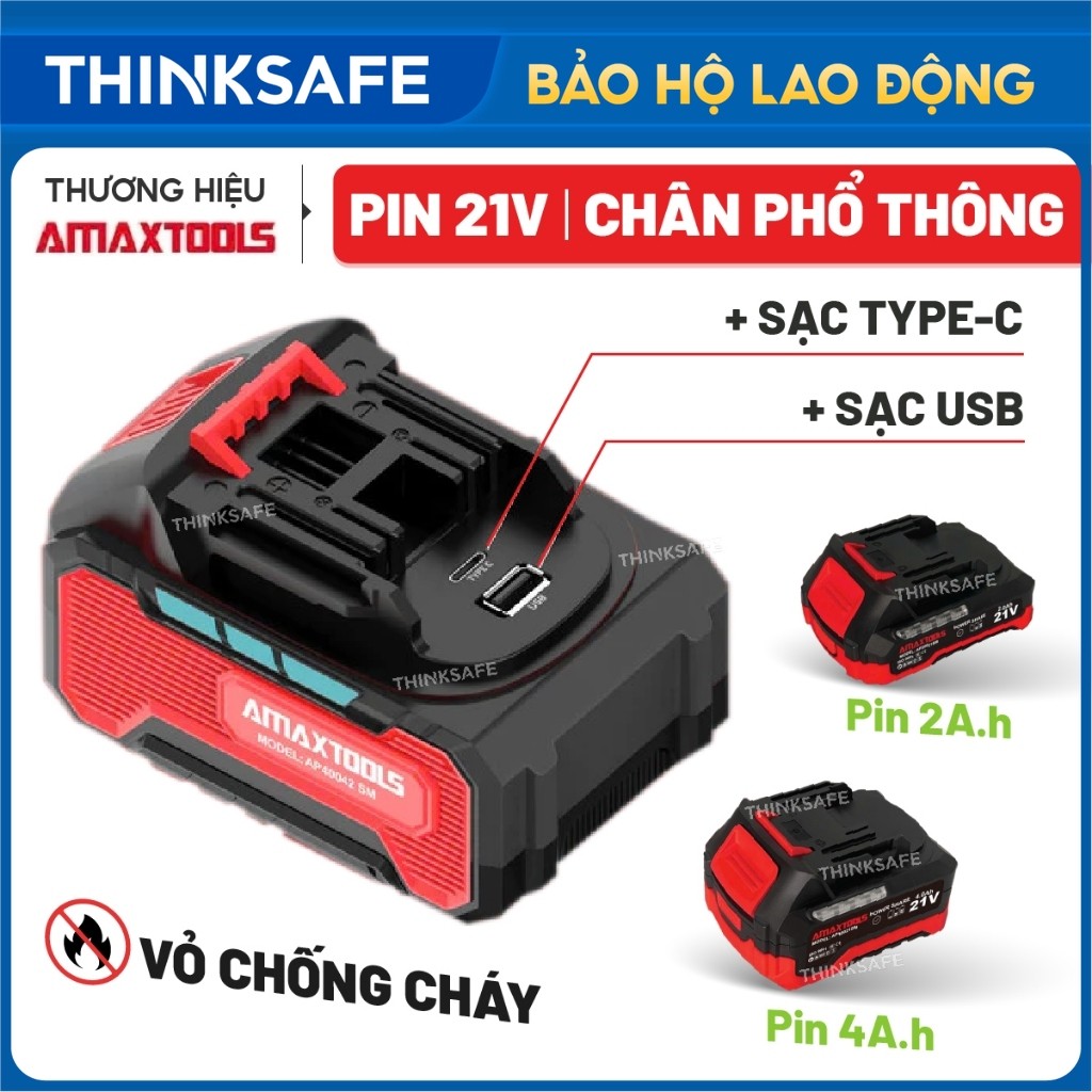 Pin 21V dòng xả cao AMAXTOOLS AP20022SM/AP40042SM dung lượng 2AH - 4AH Tích hợp 2 cổng sạc ra USB & Type C