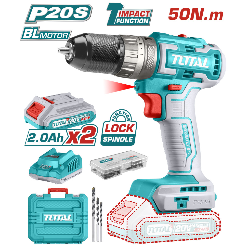 Máy Khoan 3 chức năng 50Nm Dùng Pin 20V TOTAL TIDLI20508 có búa Hàng Chính Hãng Bảo Hành 6 Tháng