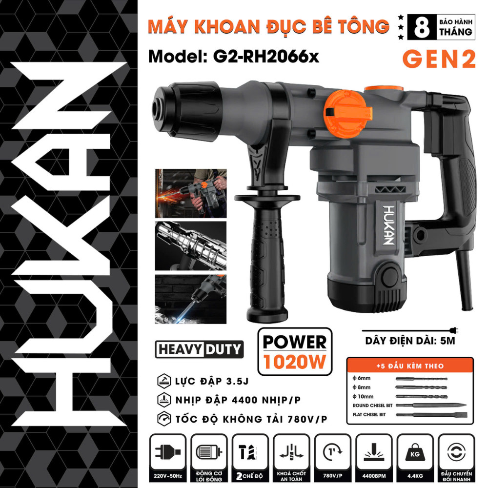 Máy khoan đục bê tông HUKAN G2-RH2066x (Gen 2), Công suất 1020W, Lực đập 3.5J, Tặng 5 Mũi khoan đục - Thinksafe