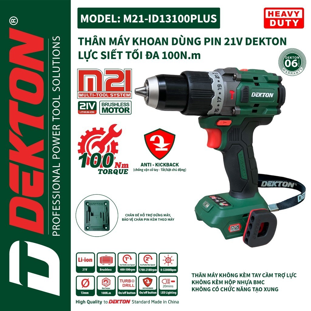 Máy Khoan 3 chức năng Pin 21v Dekton M21-ID13120PLUS lực siết 120Nm chuyên khoan rút lõi Anti Kickback