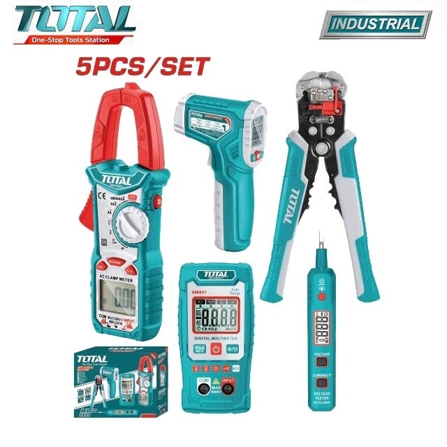 Bộ 5 dụng cụ kiểm tra điện Total TOS23026 gồm kìm tuốt dây điện, bút thử điện, ampe kìm, đồng hồ vạn năng, nhiệt kế
