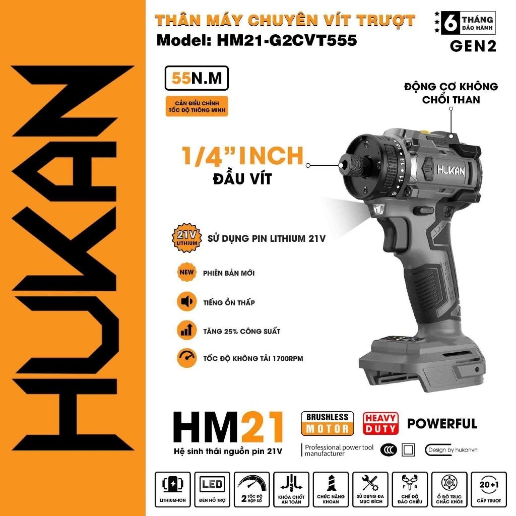 Thân máy chuyên vít HUKAN HM21-G2CVT555, Lực siết 55N.m, 21 cấp trượt, Tốc độ 1700v/p, Chưa kèm pin sạc - Thinksafe