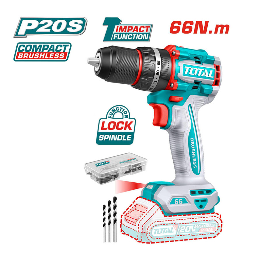 Máy khoan búa không chổi than 66Nm dùng pin 20V TOTAL  TIDLI20668 - TIDLI206681 khoan pin không chổi than