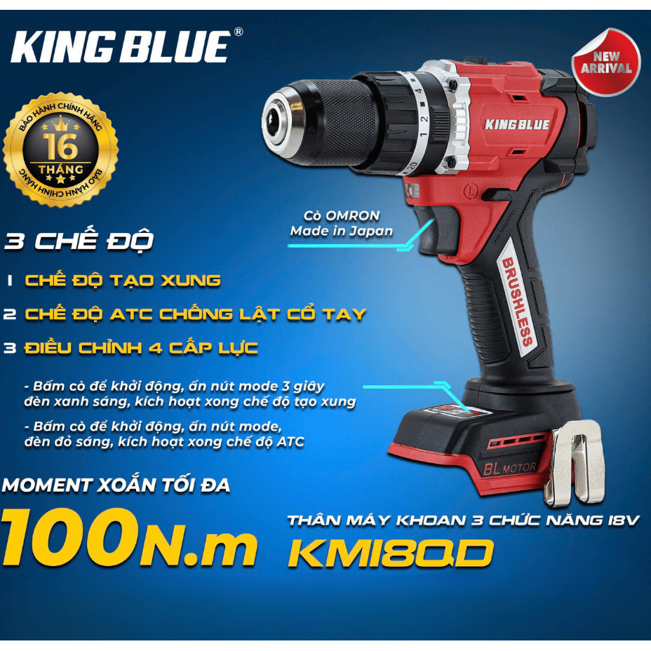 Máy khoan pin 3 chức năng 18V Kingblue KM18QD lực siết 100nm đầu kẹp 16mm