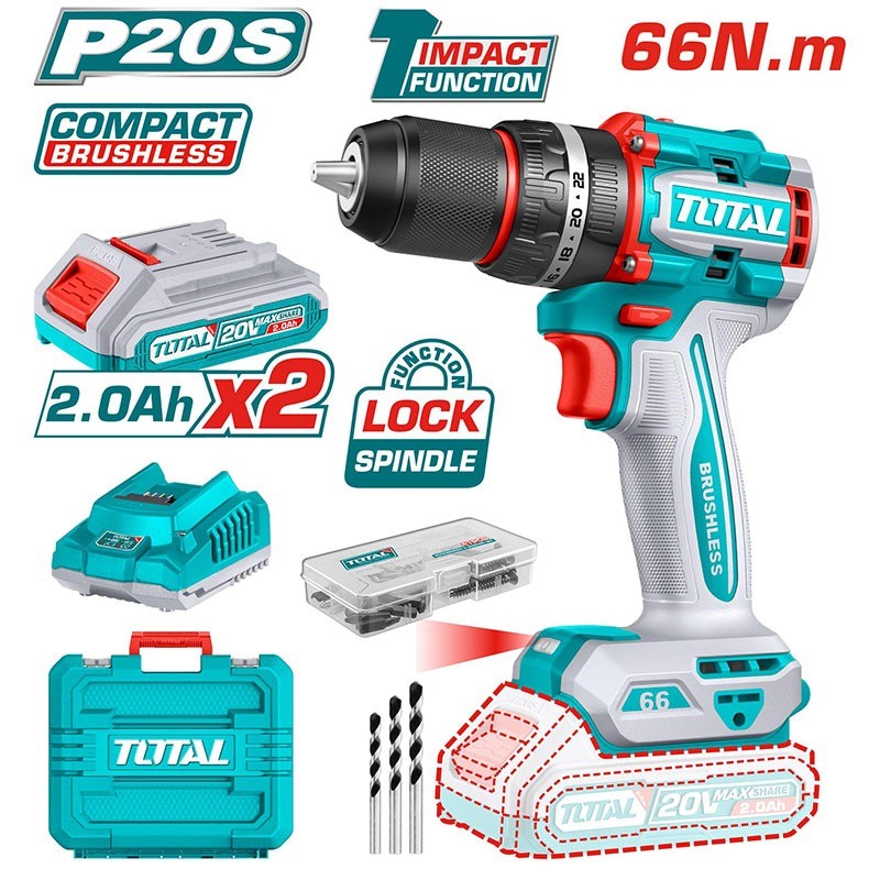 Máy khoan búa không chổi than 66Nm dùng pin 20V TOTAL  TIDLI20668 - TIDLI206681 khoan pin không chổi than