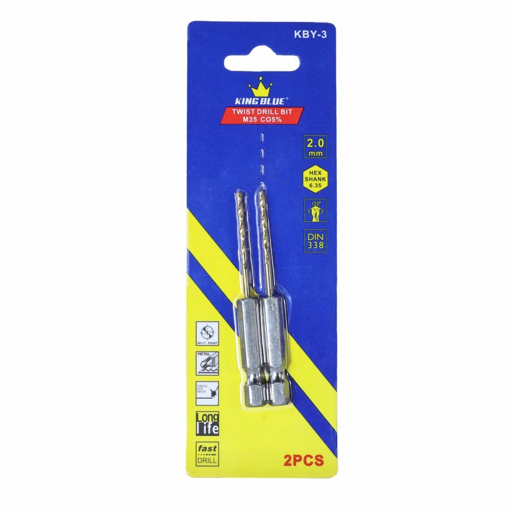 Vỉ 2 mũi khoan inox chuôi lục giác KingBlue KBY3 kích thước 3 - 5.5mm