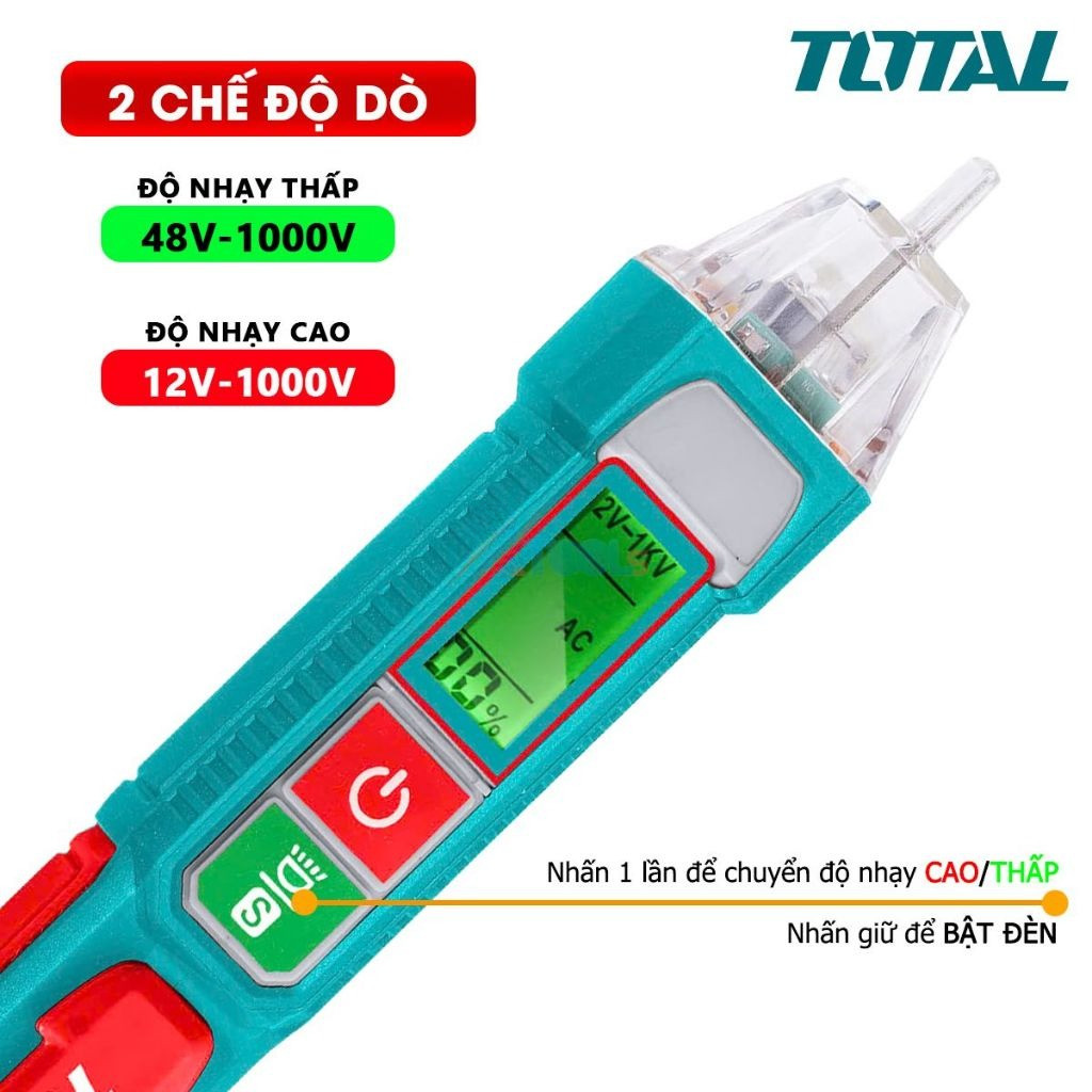 Bút thử điện đa năng thông minh 12V-1000V TOTAL THT210003/ THT100091 đầu dò điện áp AC có đèn, dò không chạm