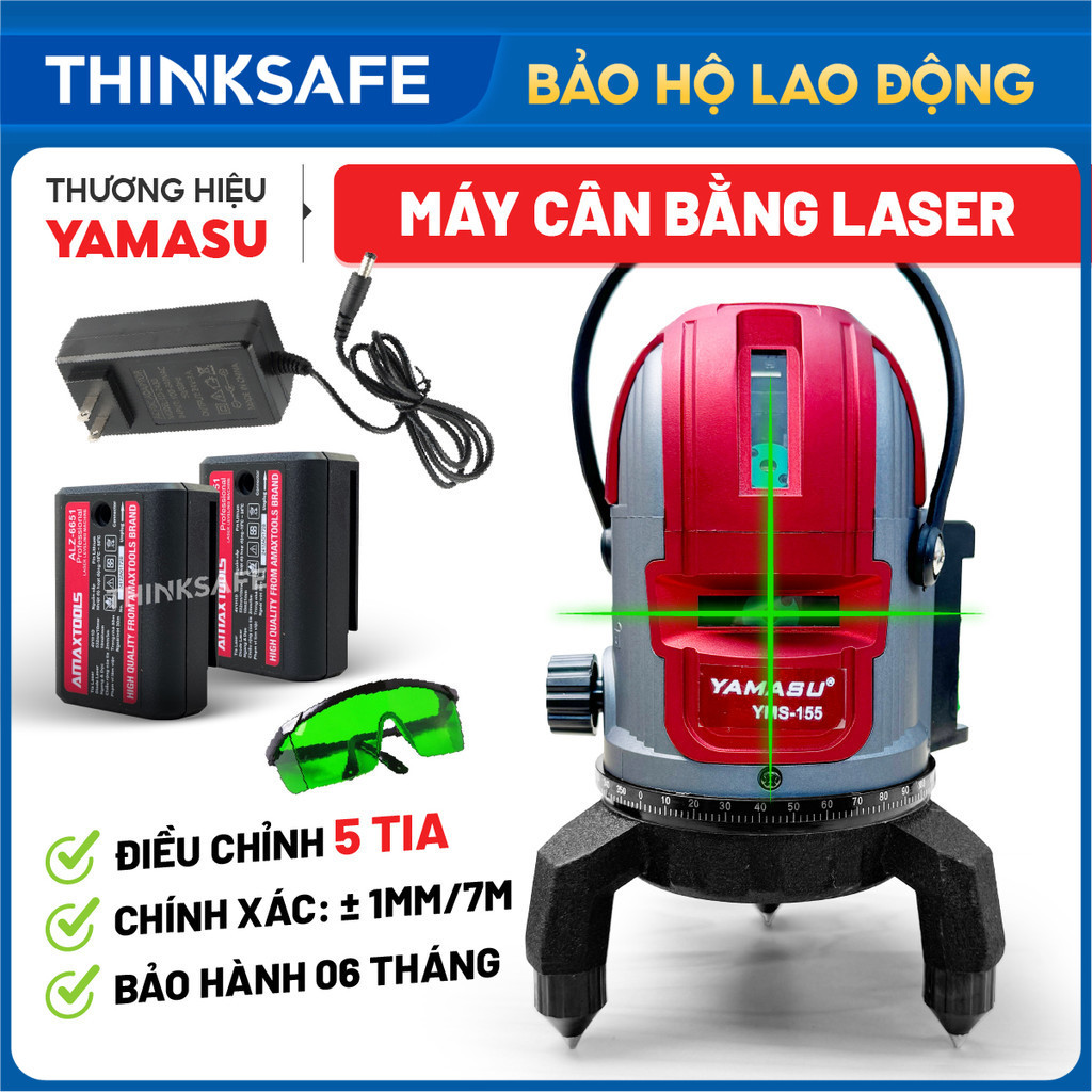 Máy cân bằng laser 5 tia xanh YAMASU YMS-155 Máy cân mực, máy bắn cốt 4 tia đứng, 1 tia ngang, 1 tia dọi tâm - Thinksafe