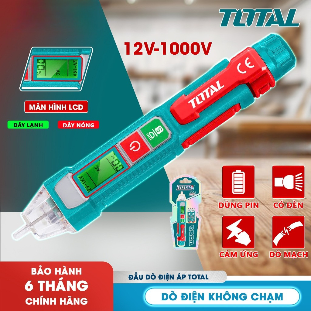 Bút thử điện đa năng thông minh 12V-1000V TOTAL THT210003/ THT100091 đầu dò điện áp AC có đèn, dò không chạm