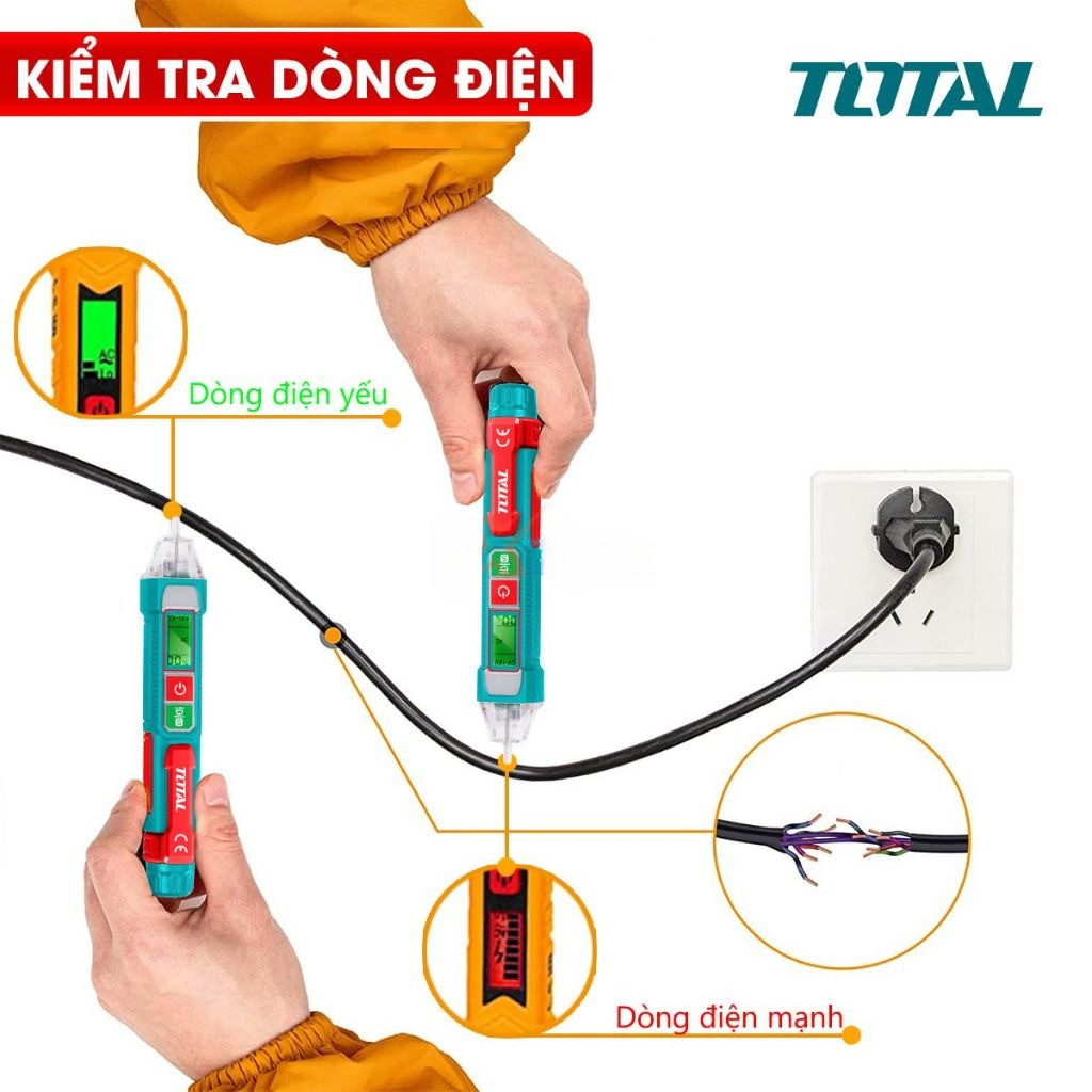 Bút thử điện đa năng thông minh 12V-1000V TOTAL THT210003/ THT100091 đầu dò điện áp AC có đèn, dò không chạm