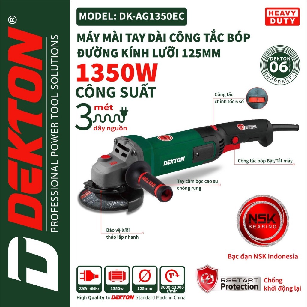 Máy mài góc 125mm công tắc bóp Dekton DK-AG1350EC 1350W