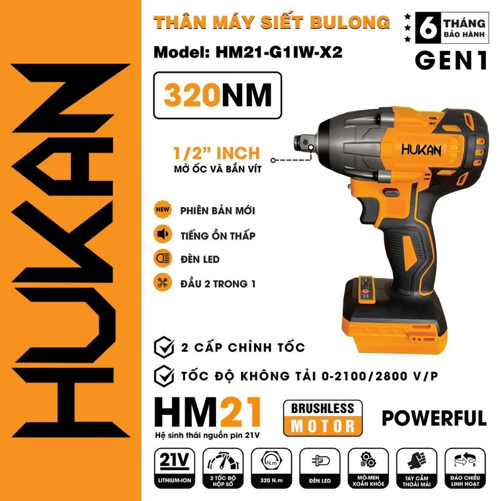 Máy siết bulong pin Hukan HM21-G1IW-X2 Lực Siết 320Nm