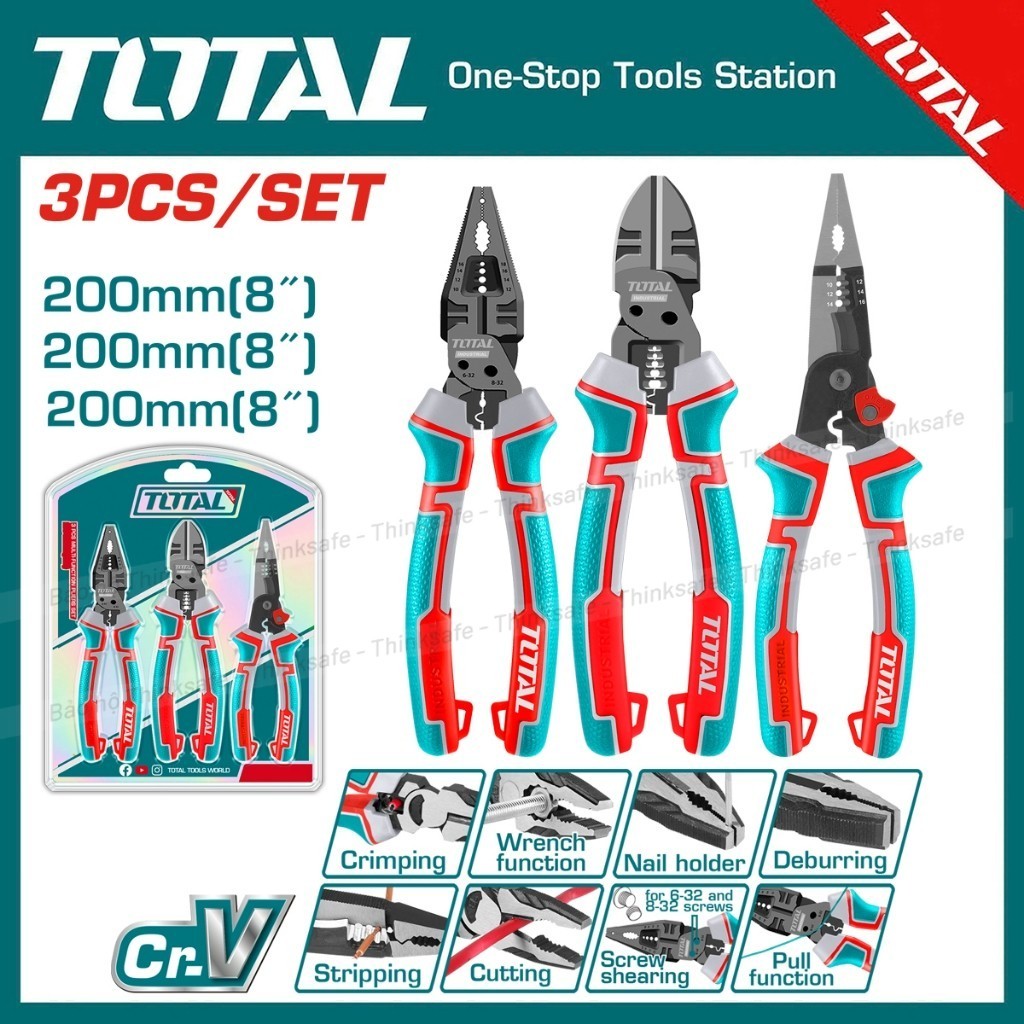 Kìm điện đa chức năng 8 in 1 TOTAL THTMF186 200mm trợ lục 65% giúp uốn, giữ đinh, cờ lê, cắt uốn, tuốt dây điện, tán vít