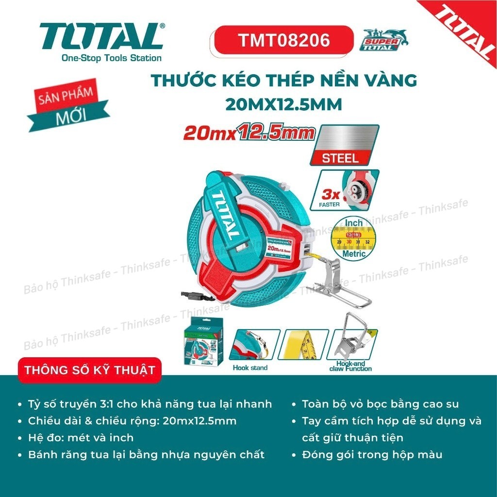 Thước kéo thép nền vàng 20mx12.5mm TOTAL TMT08206