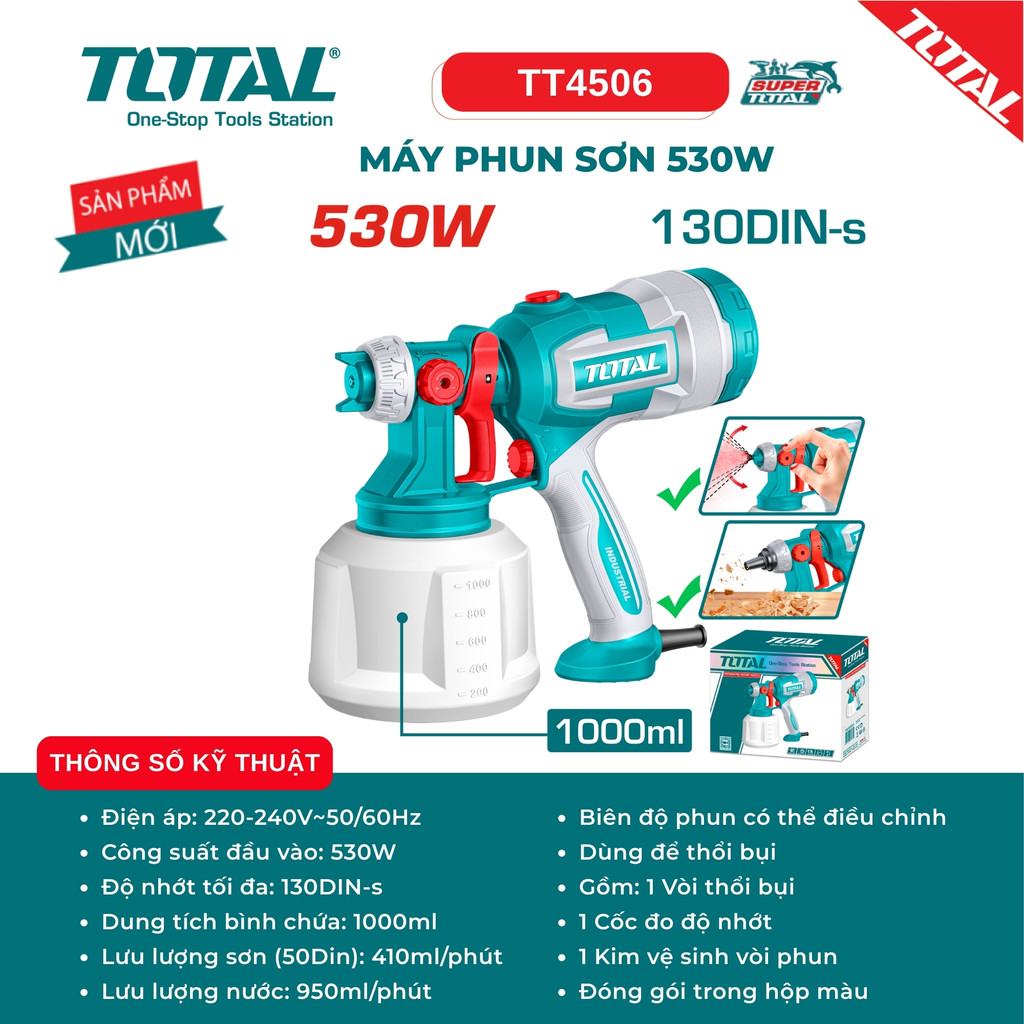 [Mẫu Mới] Máy Phun Sơn Điện 530W TOTAL TT4506 Bình sơn 1000ml, Chỉnh Tia Phun, Tặng Kèm Vòi Thổi Bụi