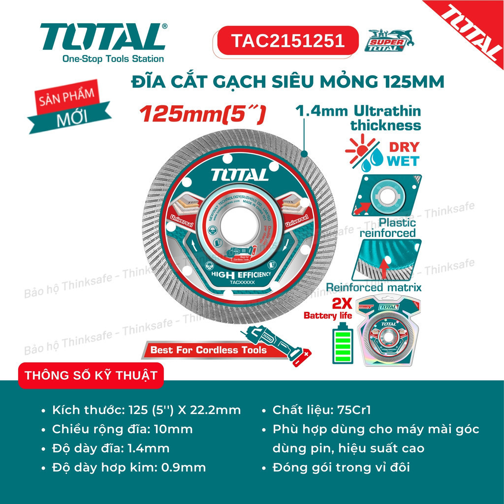 Đĩa cắt gạch siêu mỏng 105-125mm mẫu mới TOTAL TAC2151051 TAC2151251 độ dày đĩa 1.4mm cho máy mài góc, máy cắt cầm tay