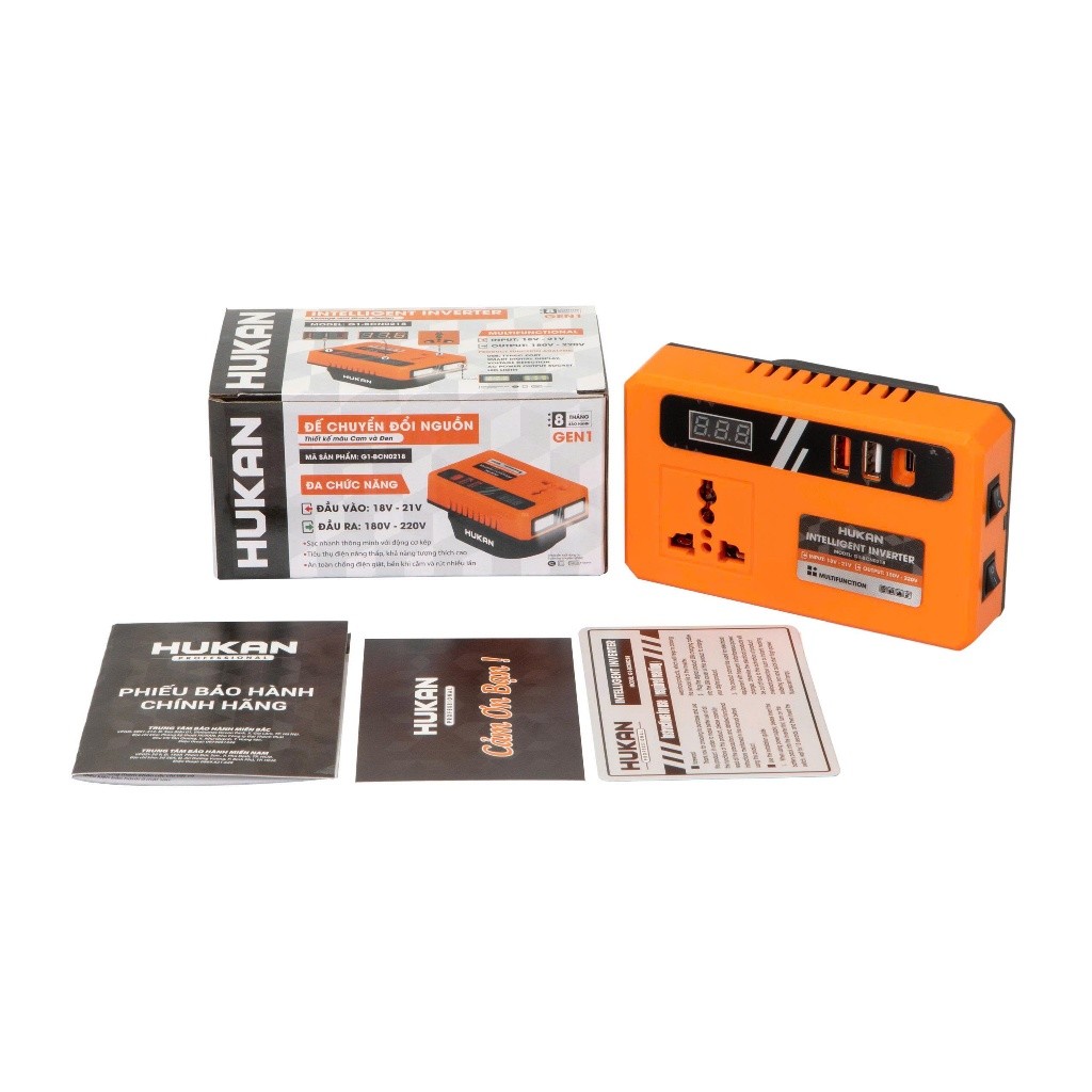 Bộ chuyển đổi nguồn điện HUKAN G1-BCN0218 | Chuyển từ pin 18-21V lên 220V Cắm Được Quạt Điện, Sạc Nhanh, Có Đèn Led