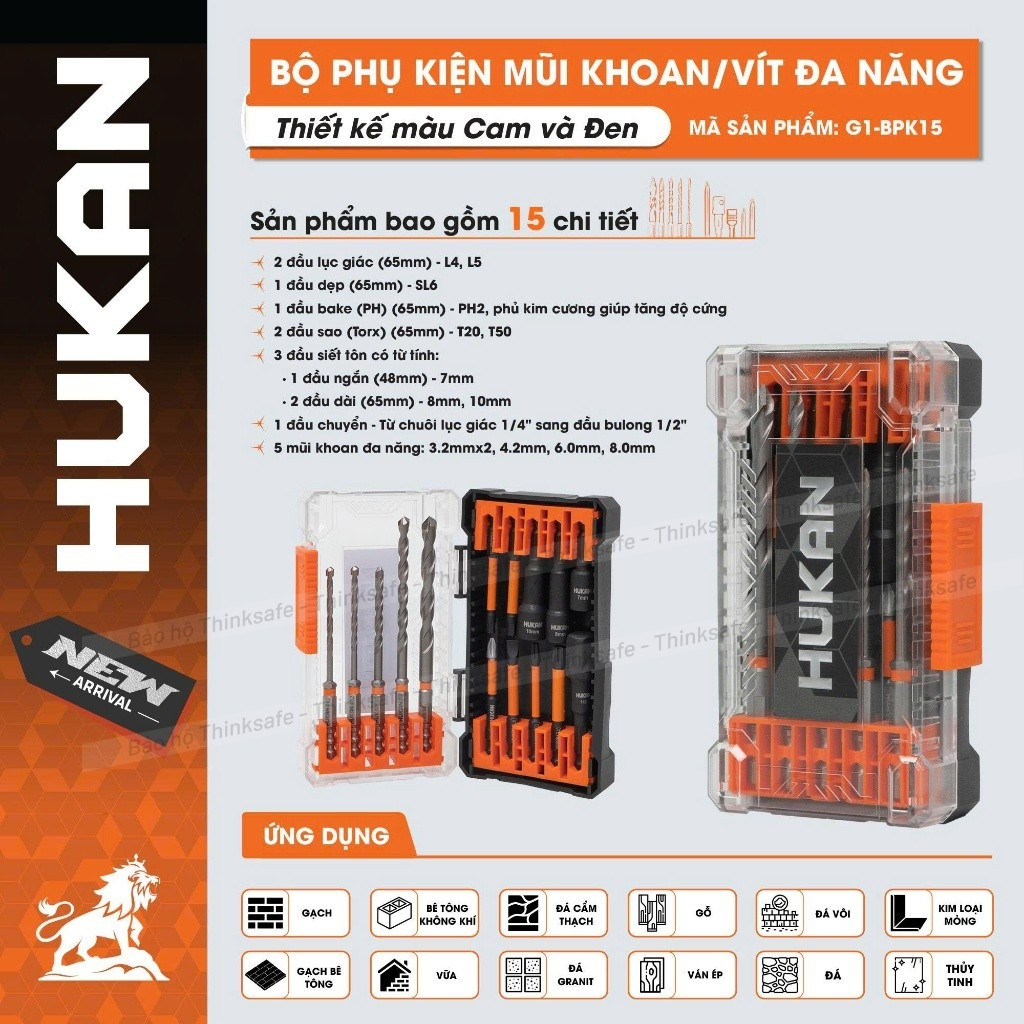 Bộ mũi khoan đa năng 15 chi tiết  HUKAN G1-BPK15, Bao gồm mũi khoan, mũi vít, mũi tôn, chuyển chuyên vít sang bulong