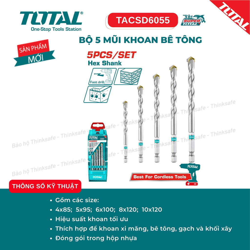 [Mẫu mới] Bộ mũi khoan bê tông 5 -12 chi tiết TOTAL TACSD6055/ TACSDL12206 Chuôi lục giác khoan tường, gạch