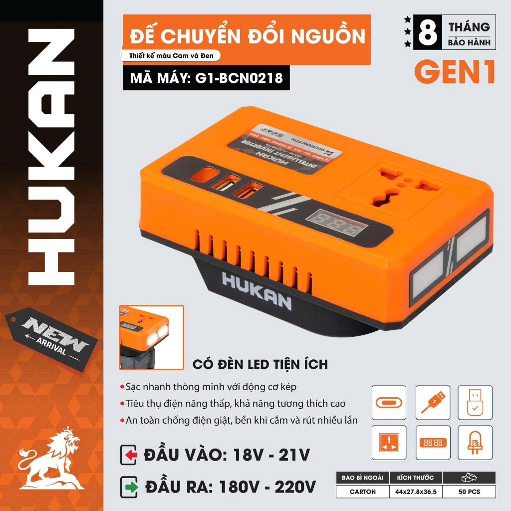 Bộ chuyển đổi nguồn điện HUKAN G1-BCN0218 | Chuyển từ pin 18-21V lên 220V Cắm Được Quạt Điện, Sạc Nhanh, Có Đèn Led