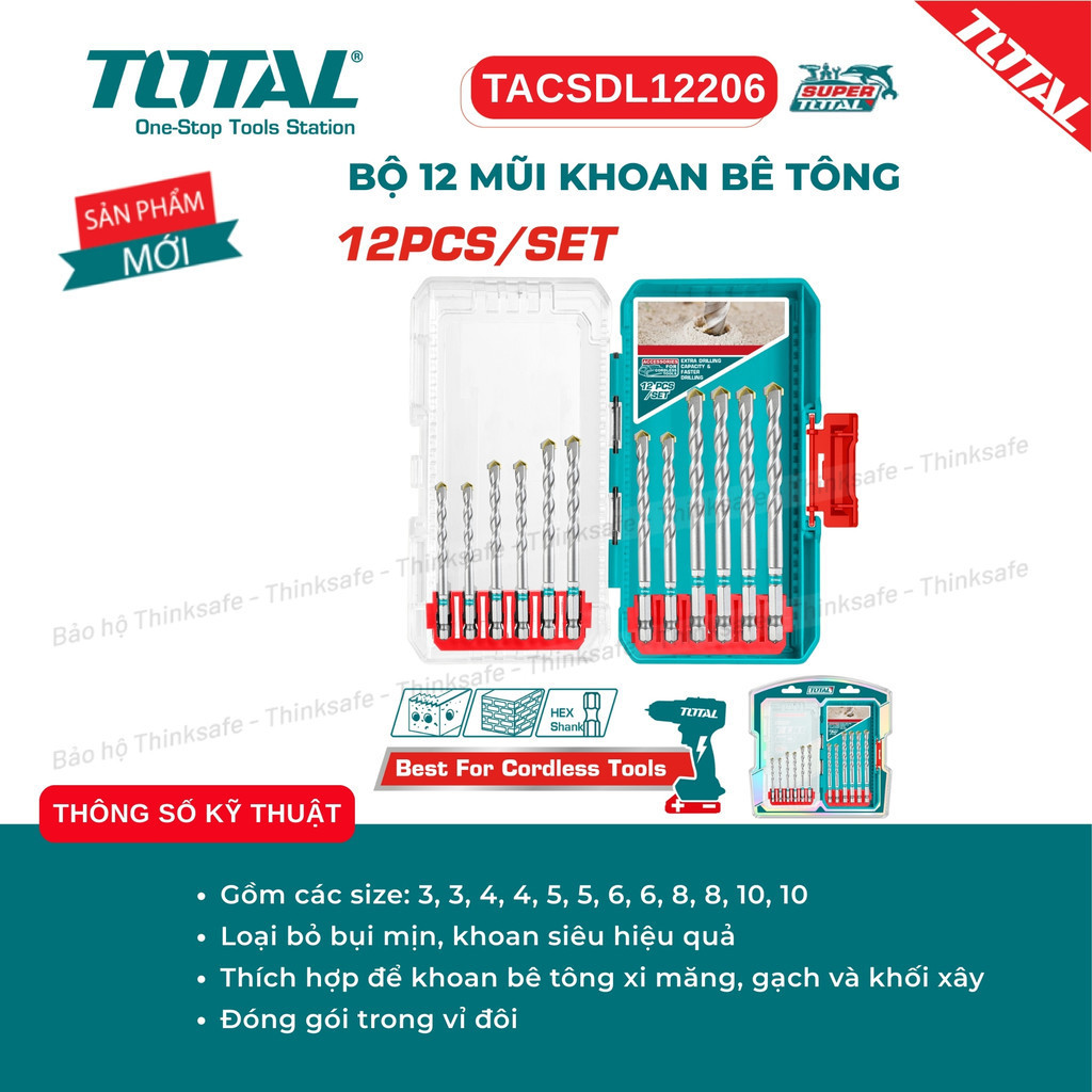 [Mẫu mới] Bộ mũi khoan bê tông 5 -12 chi tiết TOTAL TACSD6055/ TACSDL12206 Chuôi lục giác khoan tường, gạch